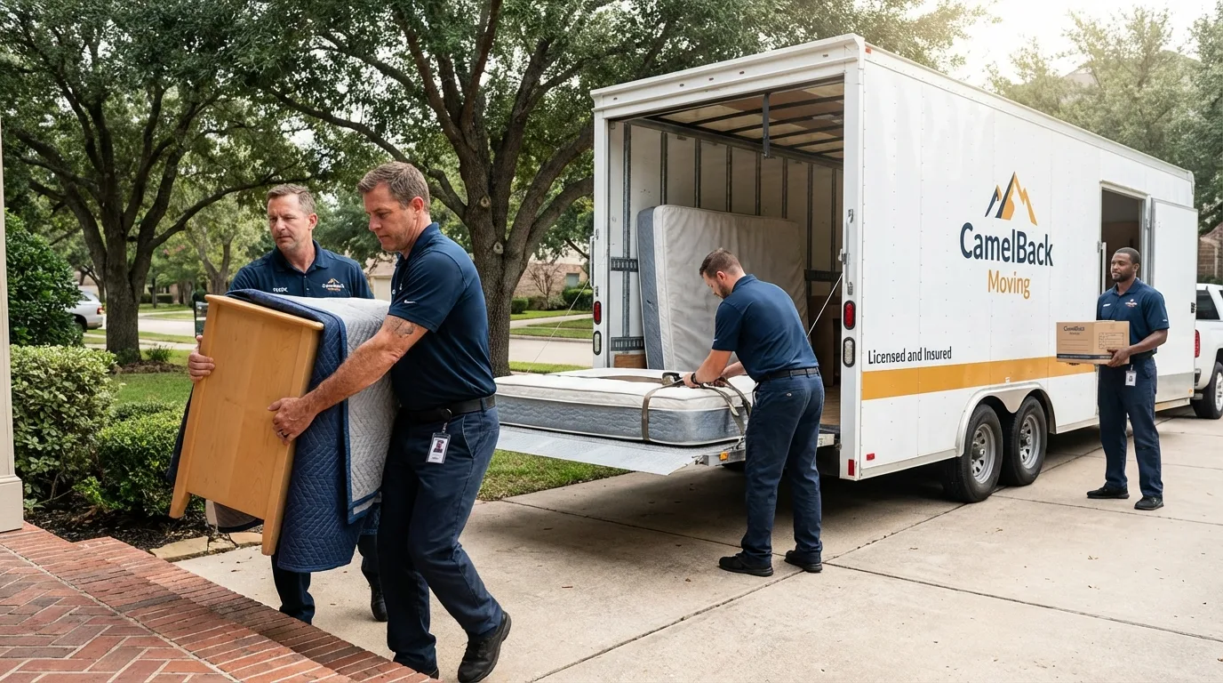 Crew loading residential truck for cross-state move from McKinleyville, CA