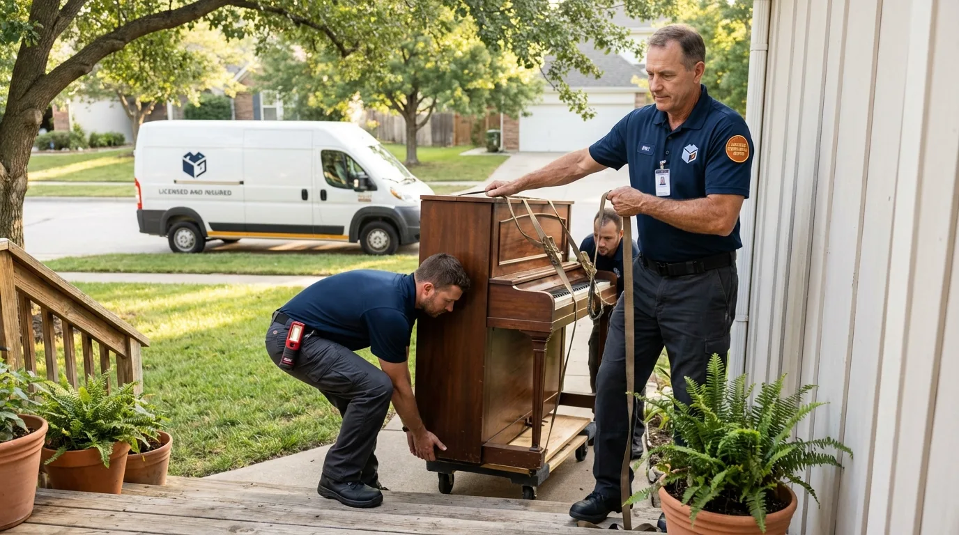 Licensed piano movers securing grand piano in McKinleyville, CA