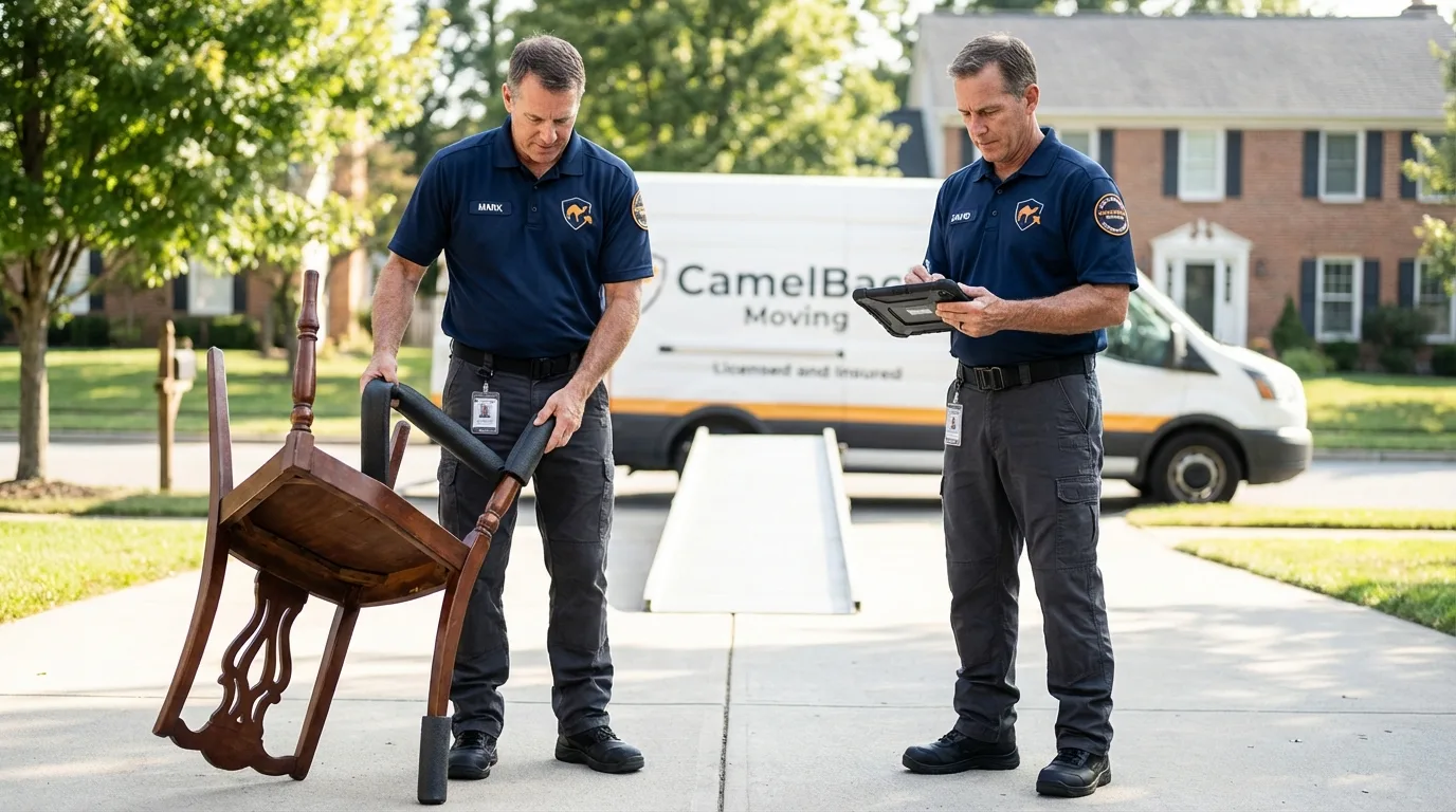 Movers inspecting furniture for damage prevention before loading in McKinleyville, CA