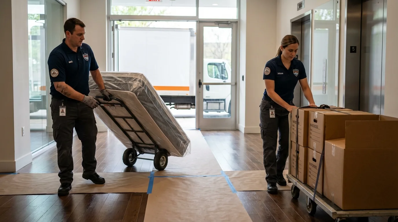 Professional apartment movers loading elevator in McKinleyville, CA